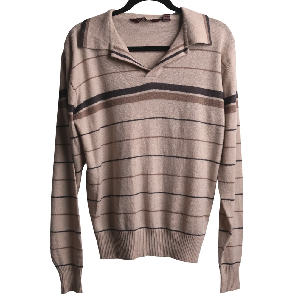 Classic Directions Mens L Vintage Striped Knit Polo Sweater Beige Brown Academia
